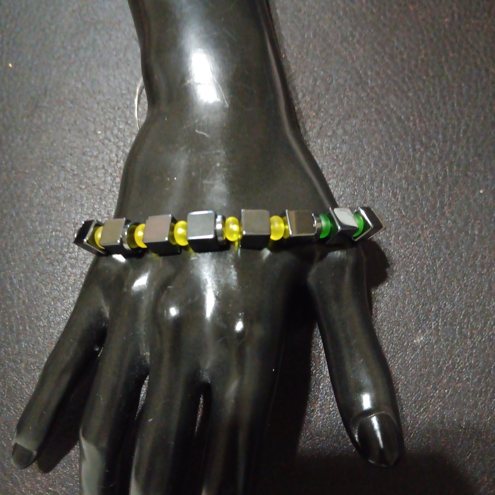 Geometric Beaded Bracelet with Yellow and Green Accents For Your Man.